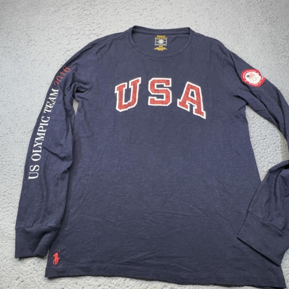 Polo Ralph Lauren Shirt Mens Medium Blue USA Olympic Team 2016 Patch Sleeve Hit